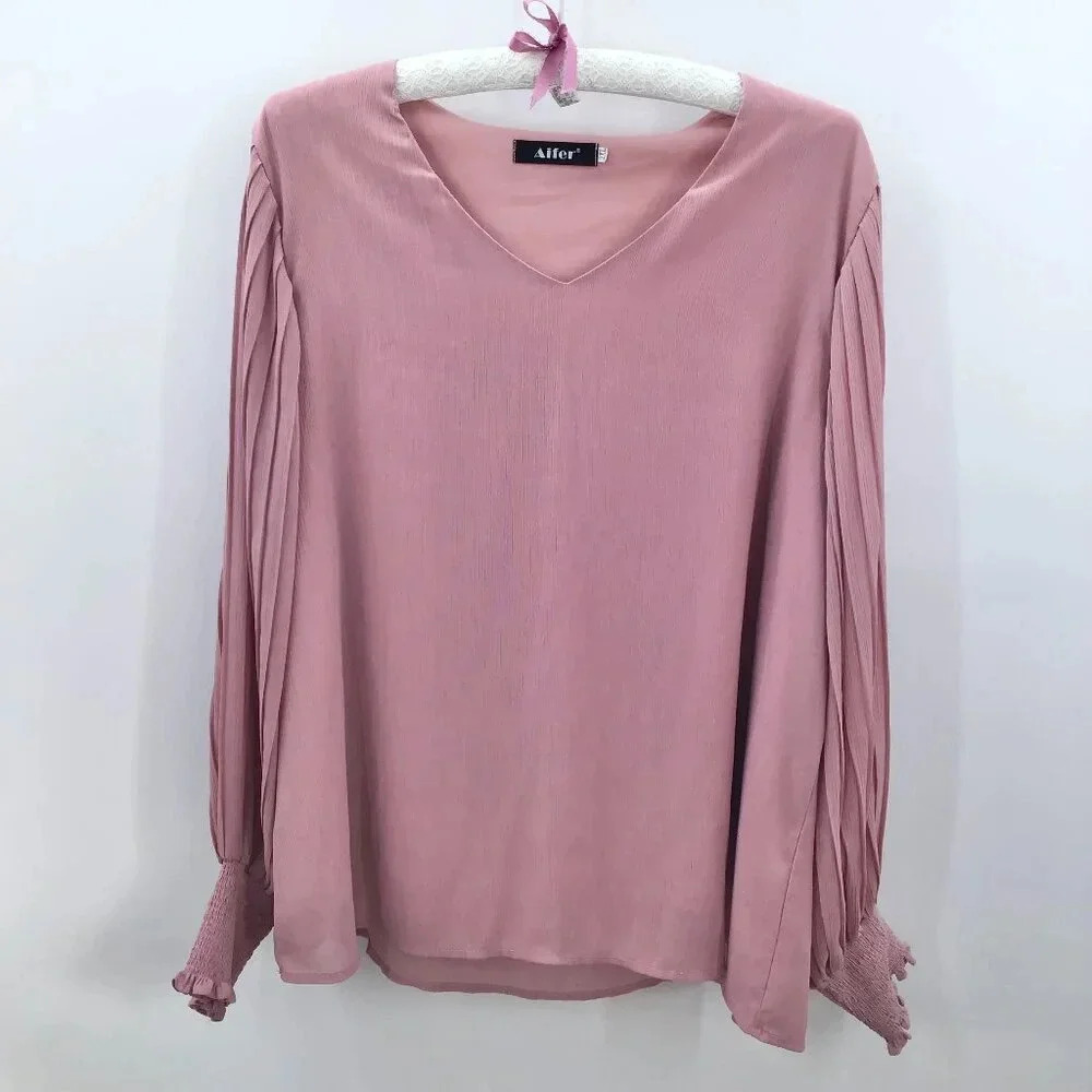 Women's Romantic Blouse 2X Rose Pink Pleated Bishop Sleeve Lined V-Neck Coquette